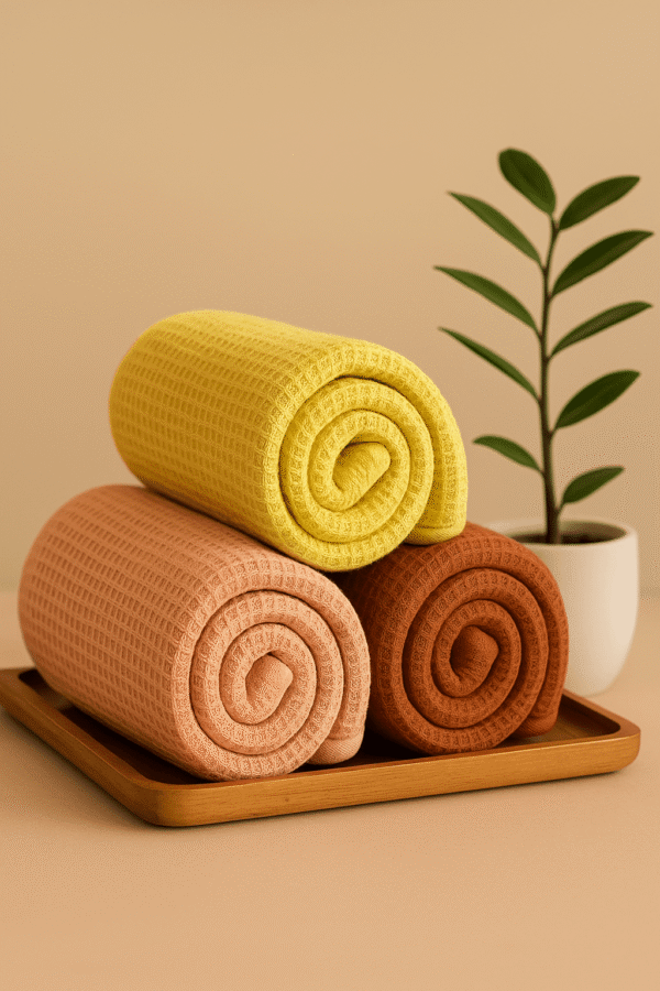 DRAPE&LUXE Honeycomb Cotton Towel – Pack of 3 (Brown Pink Yellow)